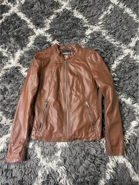 Express Women's Brown Faux Leather Moto Jacket Ribbed Knit Panels Size M Biker